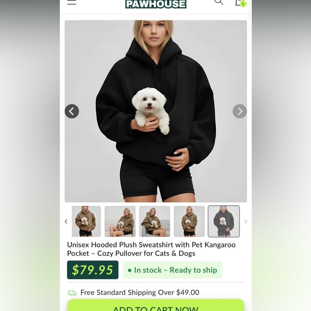 Unisex Black Plush Hooded Sweatshirt with Pet Kangaroo Pocket